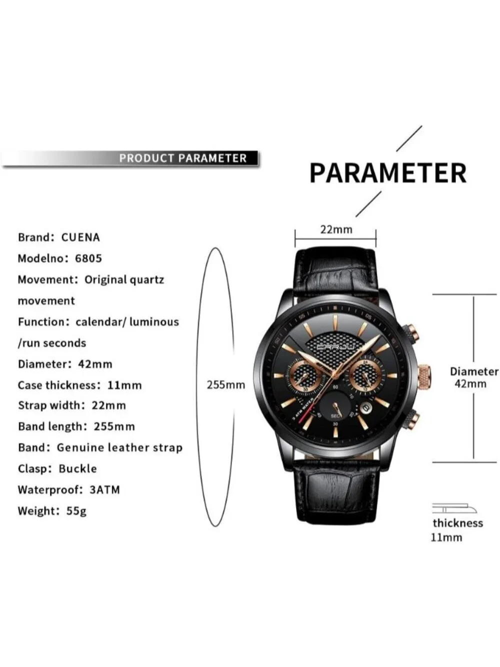 Men's Black Gold Leather Strap Casual Chronograph Quartz Waterproof Wrist Watch
